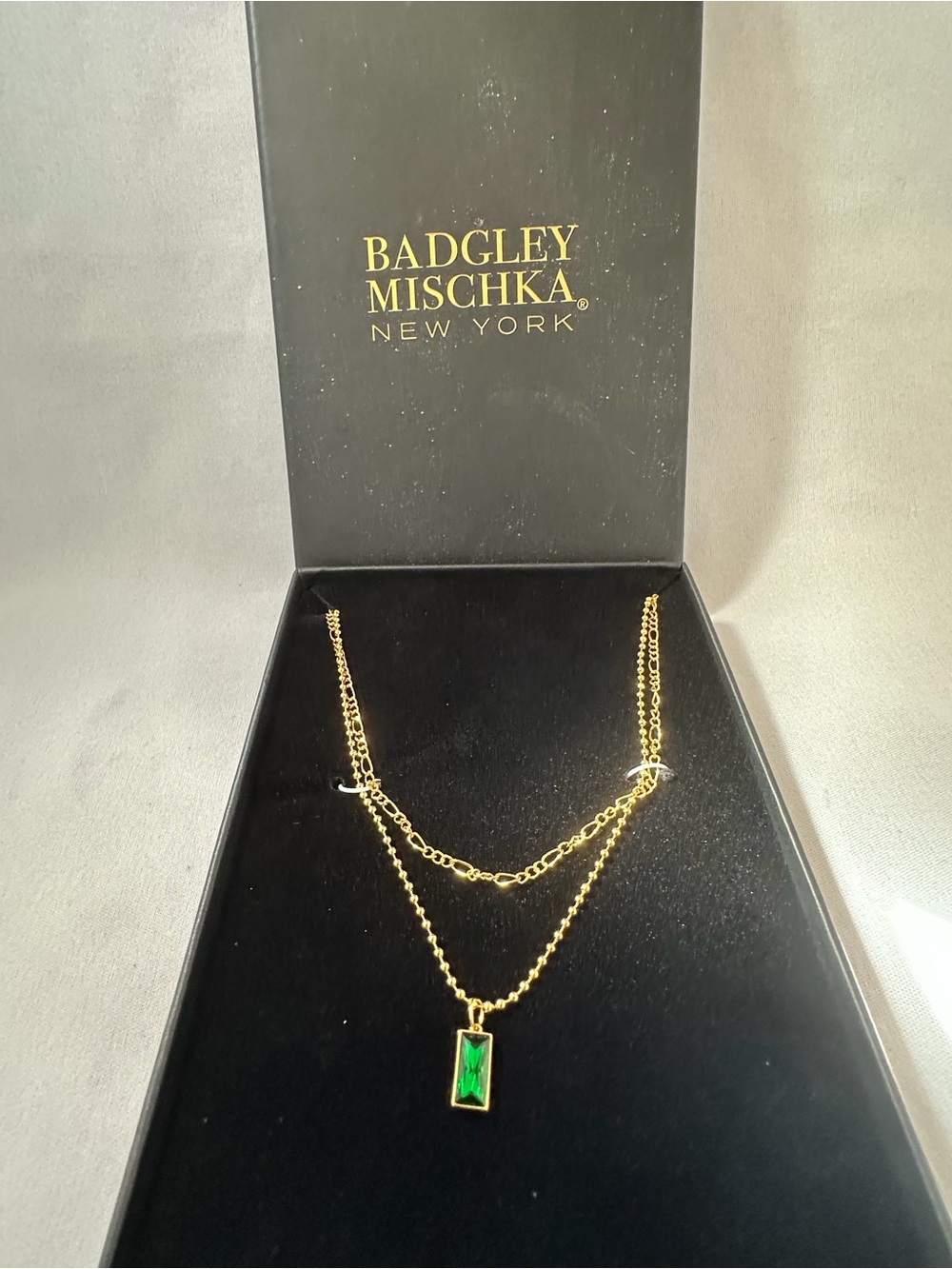 Badgley Mischka Gold-Tone Layered Necklace with Green Rectangular Pendant